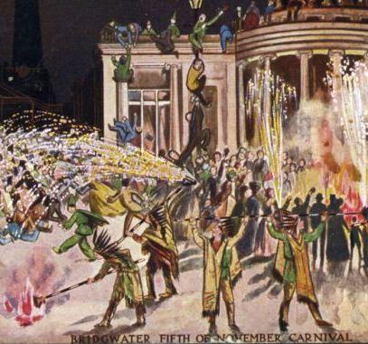 "Vibrant painting of Bridgwater Carnival: Squibbing outside the Cornhill, a spectacular display of fiery Carnival festivities. 1907